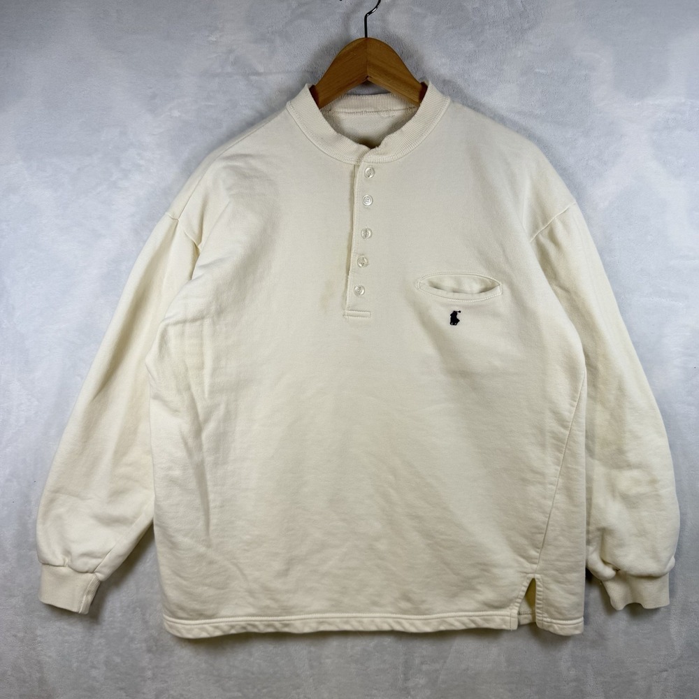 Vintage Ralph Lauren Long Sleeve Shirt Men's L White Blue Logo Crew Neck Classic